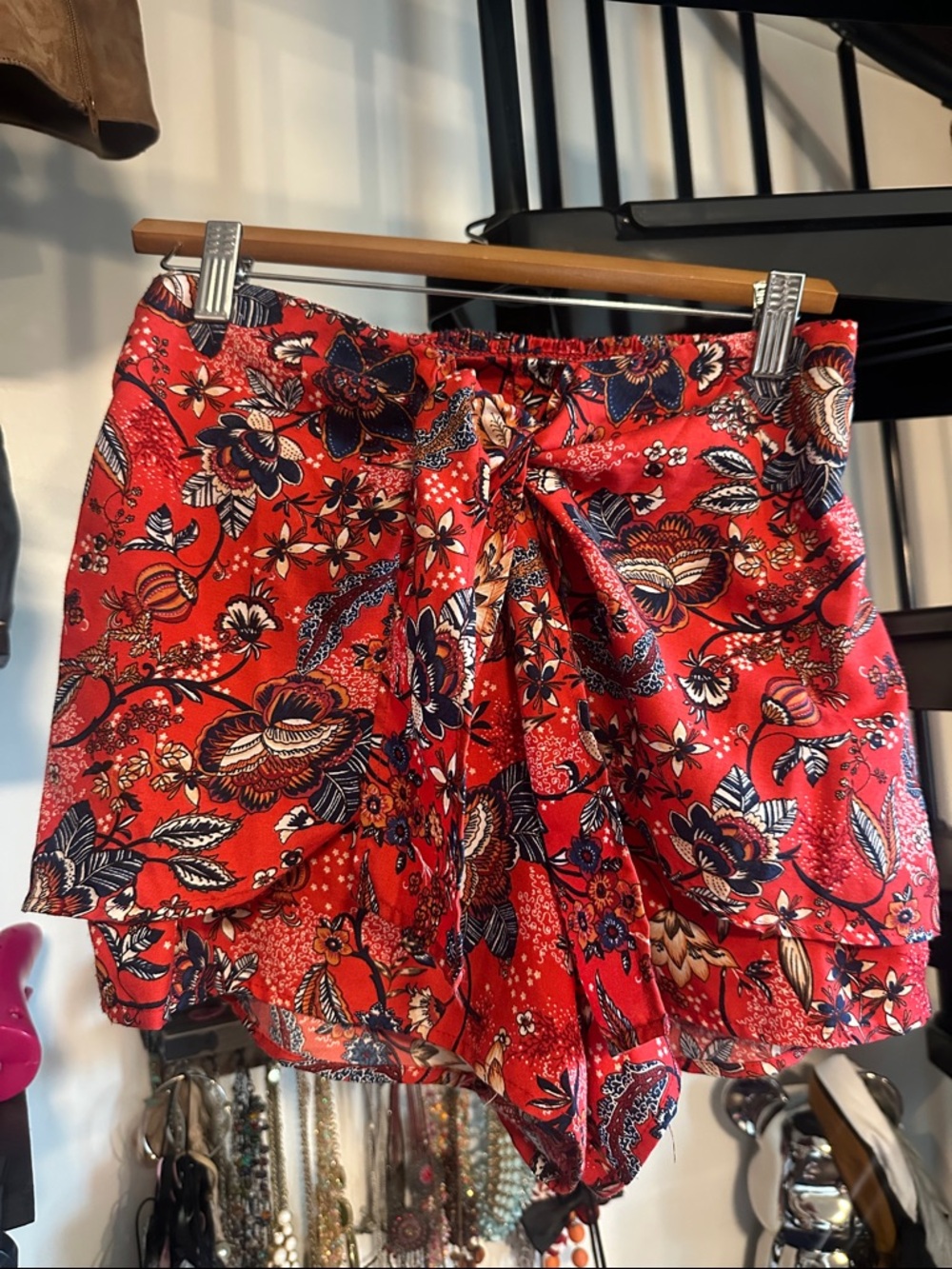 Woven Floral Tie-Front Red Skort